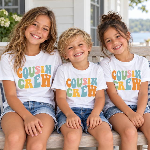 Three children wearing matching white Cousin Crew shirts with multicolor retro lettering on a cottage porch.