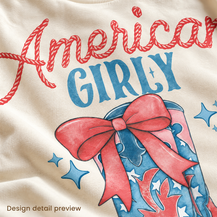 Generated design detail preview of American Girly cowgirl boots and bow artwork; not an actual print-quality photograph