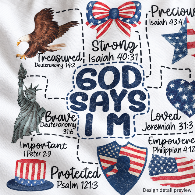 Generated design detail preview of God Says I Am patriotic faith artwork; not an actual print-quality photograph