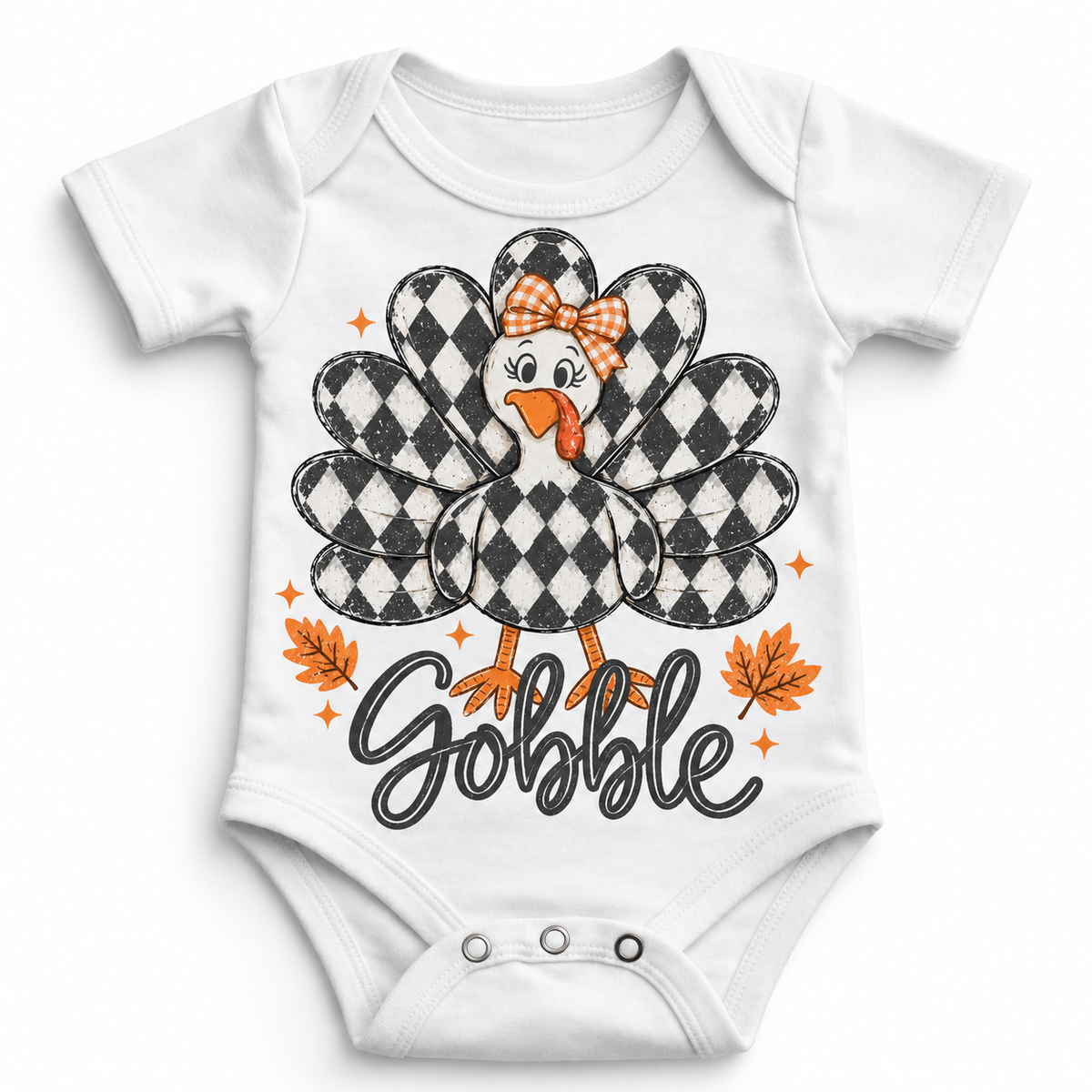 Vintage Plaid Gobble Turkey with Bow graphic on white bodysuit, front view on white background