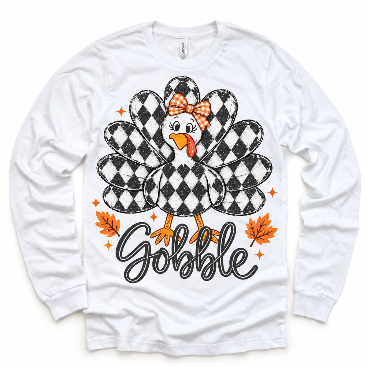 Vintage Plaid Gobble Turkey with Bow graphic on white long sleeve tee, front view on white background