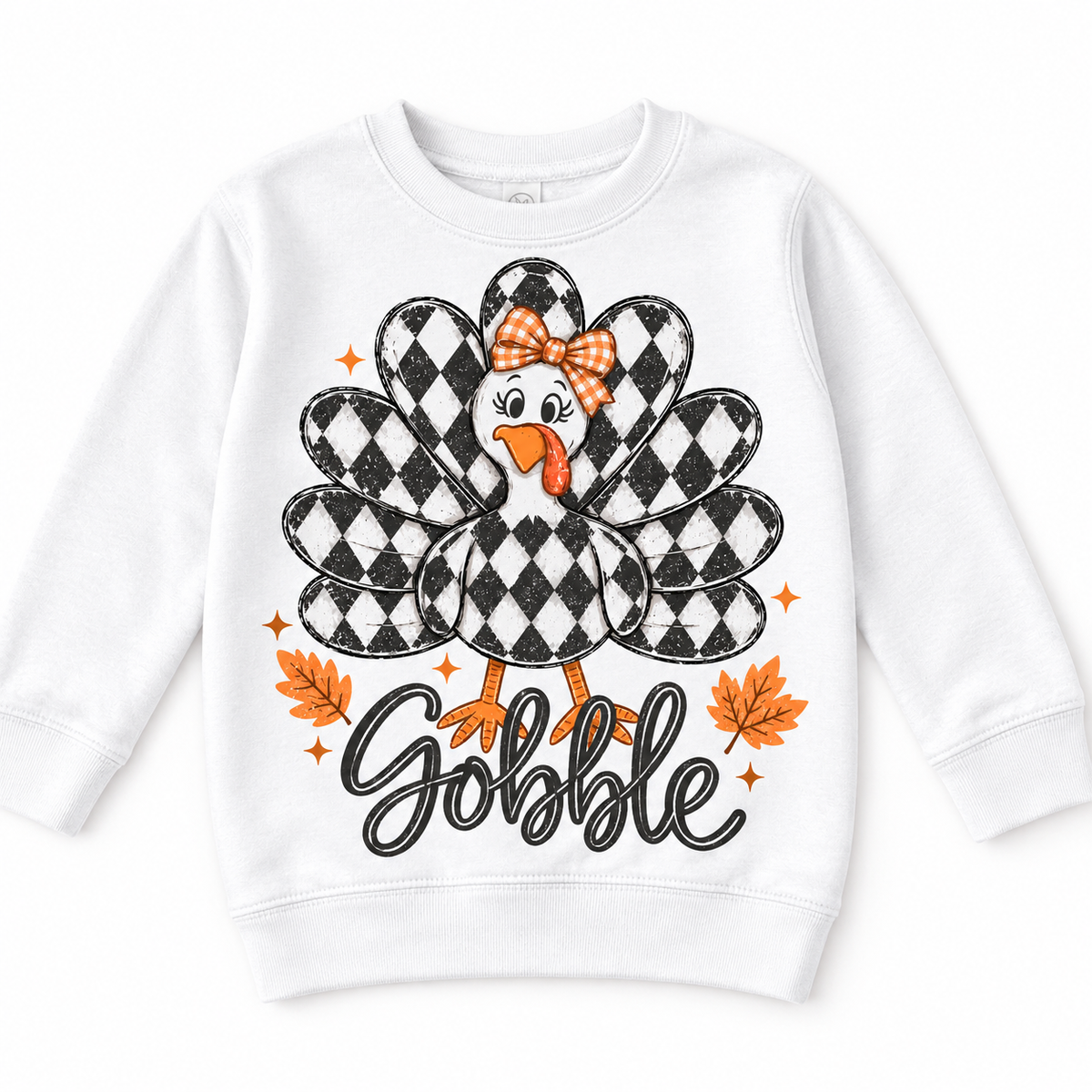 Vintage Plaid Gobble Turkey with Bow graphic on white sweatshirt, front view on white background