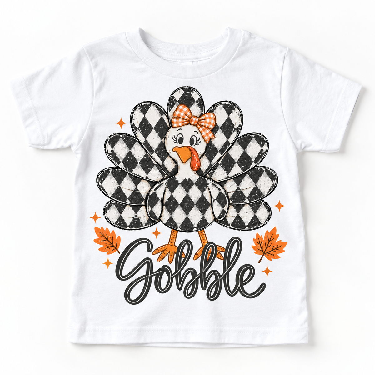 Vintage Plaid Gobble Turkey with Bow graphic on white tee, front view on white background