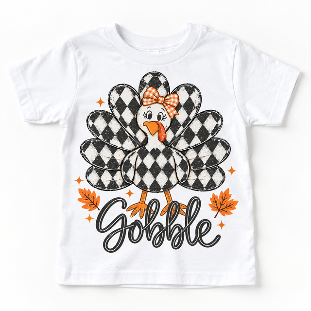 Vintage Plaid Gobble Turkey with Bow graphic on white tee, front view on white background