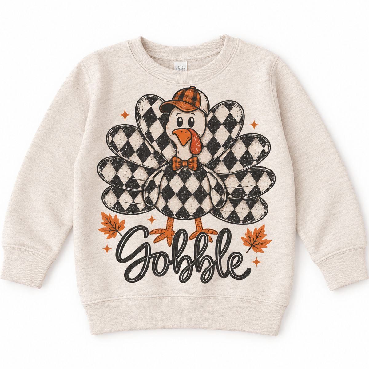 Vintage Plaid Gobble Turkey with Cap graphic on natural sweatshirt, front view on white background