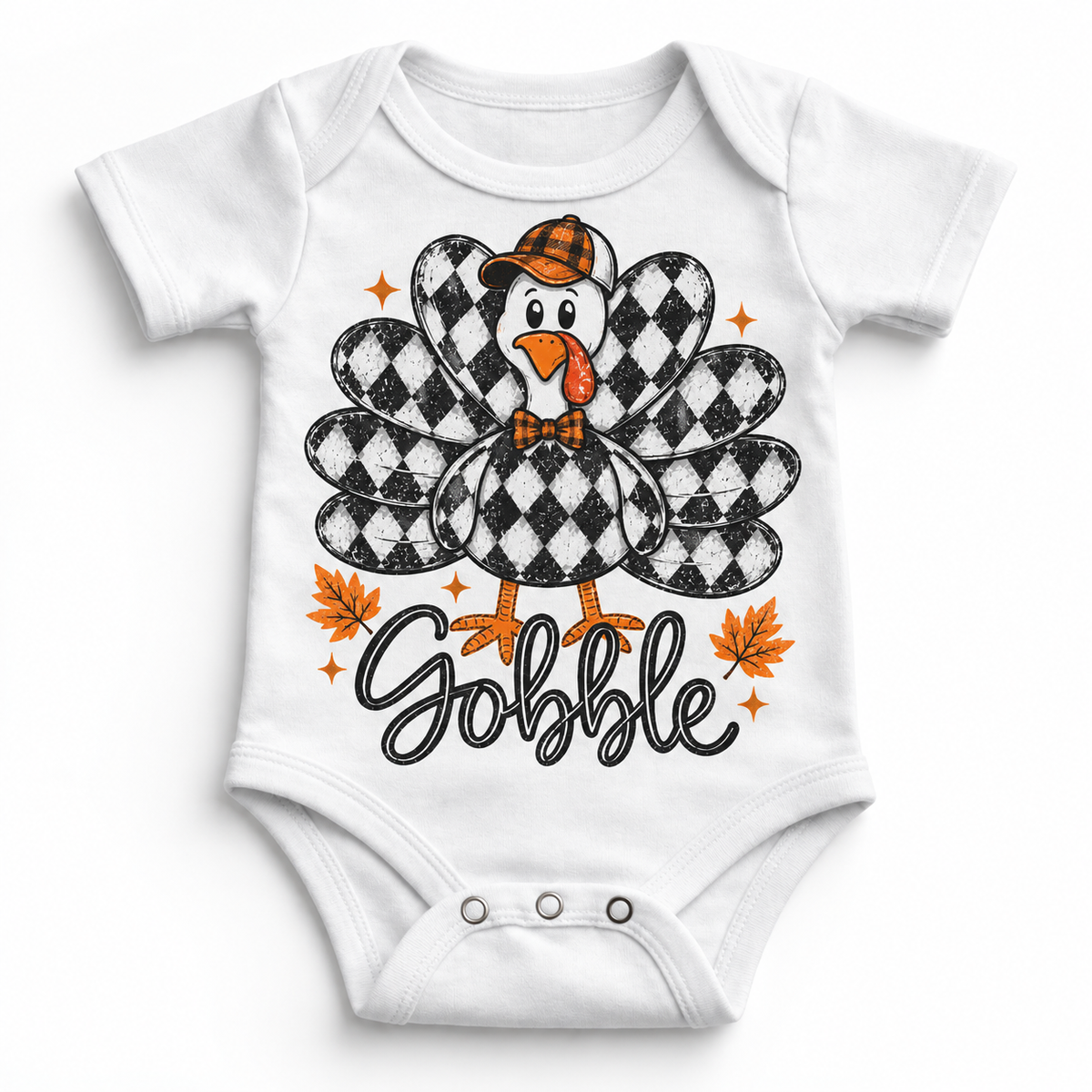 Vintage Plaid Gobble Turkey with Cap graphic on white bodysuit, front view on white background