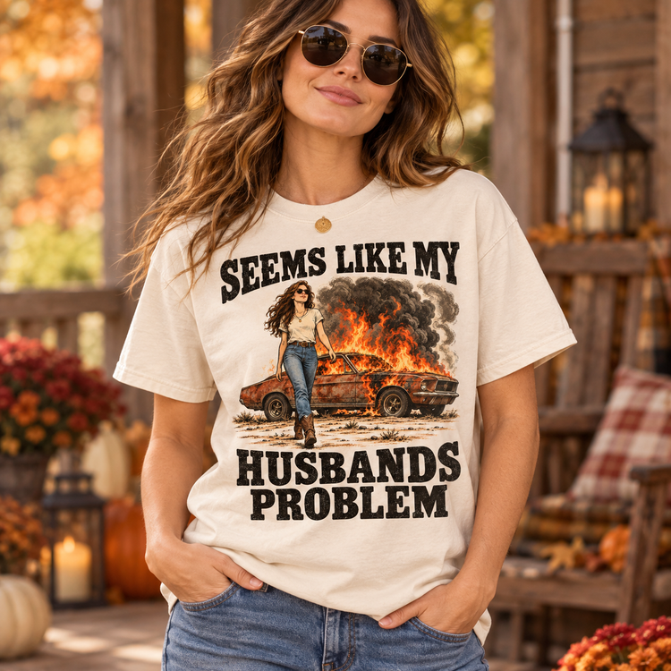 Model wearing natural Comfort Colors Seems Like My Husbands Problem tee
