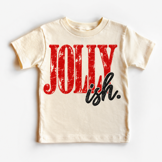 Jolly-ish distressed red and black Christmas graphic on natural tee