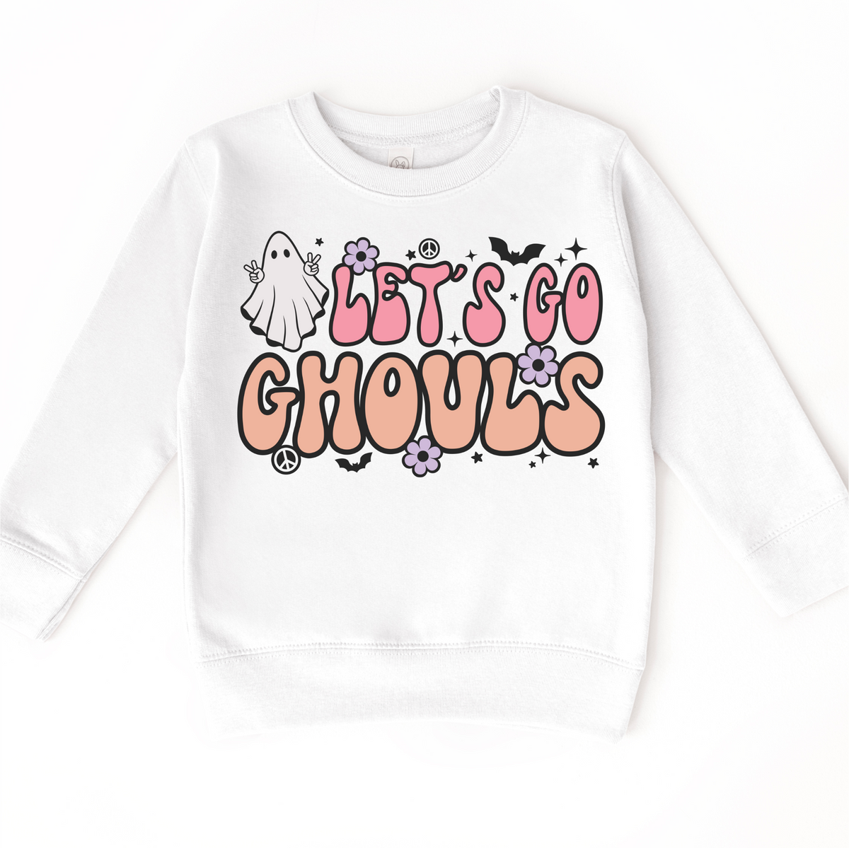 Let's Go Ghouls Halloween graphic on white sweatshirt