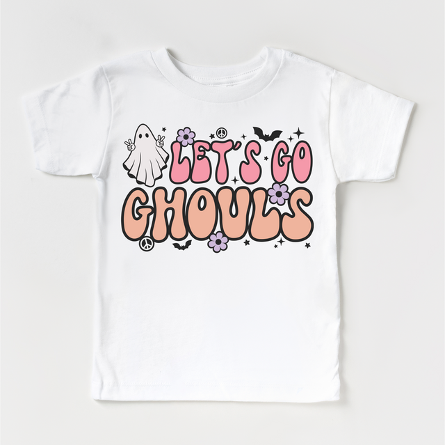 Let's Go Ghouls Halloween graphic on white tee