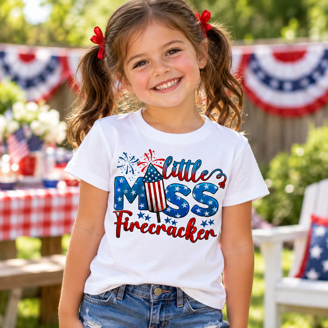 Girl wearing a white Little Miss Firecracker shirt with a red, white and blue rocket graphic at a July Fourth picnic.