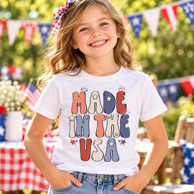 Child wearing a white Made In The USA Shirt at a patriotic summer gathering