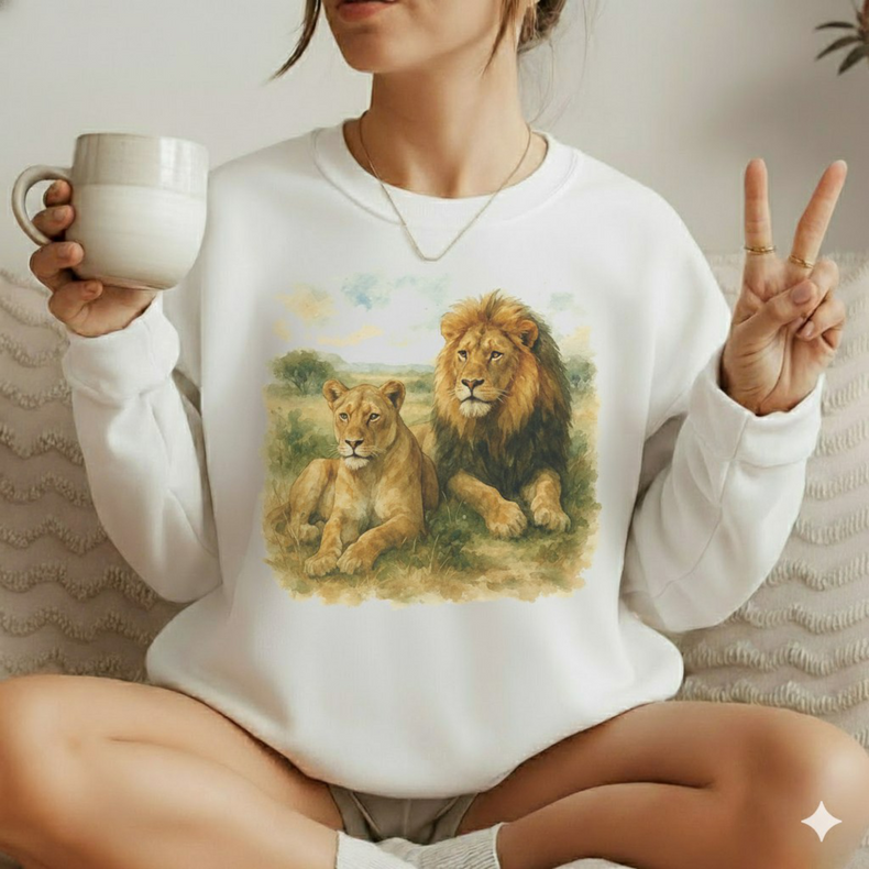 Retro Lion and Lioness Wildlife Watercolor Sweatshirt - Africa Sweater