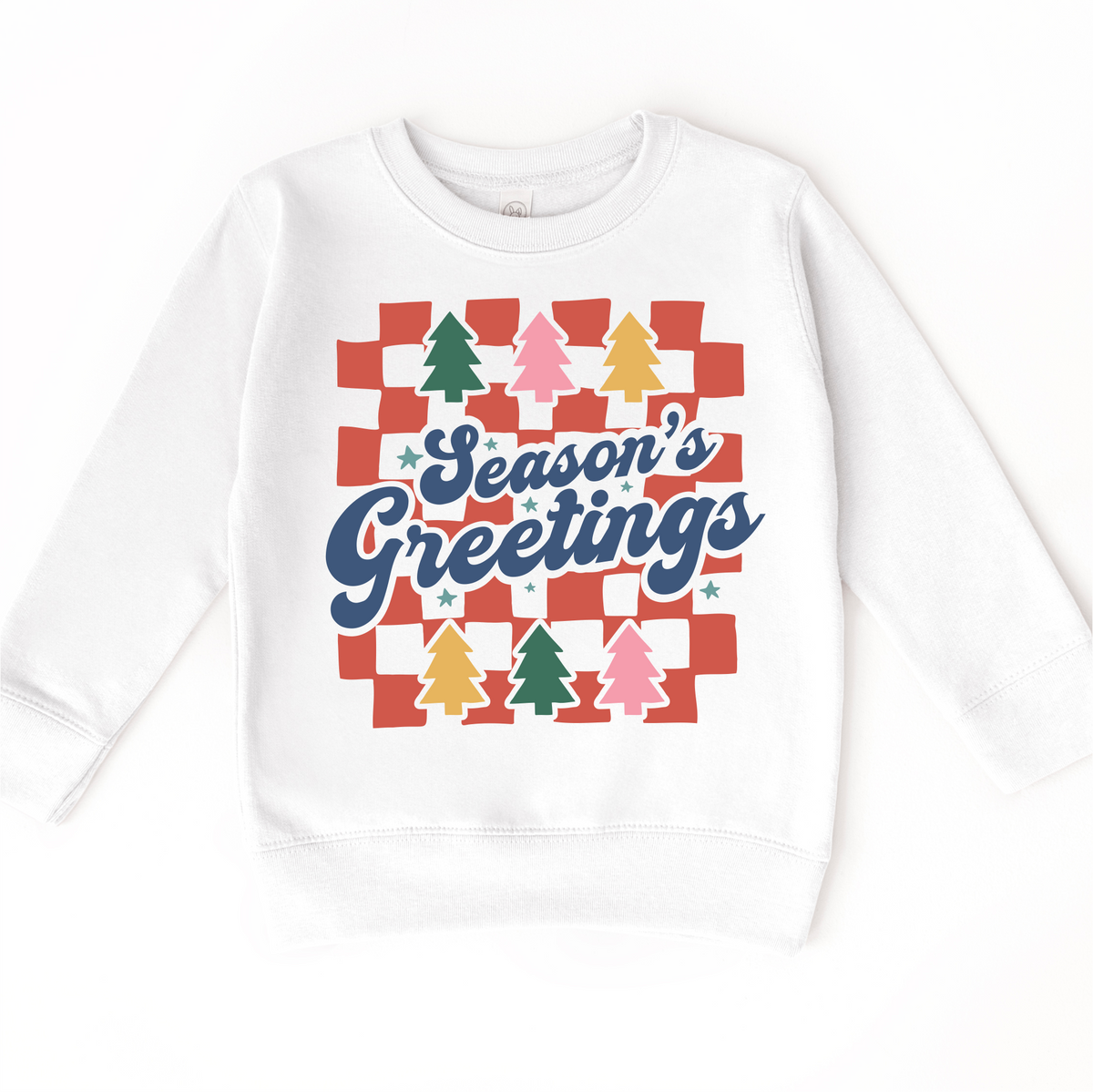 Boho Season's Greeting Christmas design on a white sweatshirt.