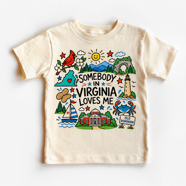 Somebody in Virginia Loves Me natural graphic tee with colorful Virginia icons