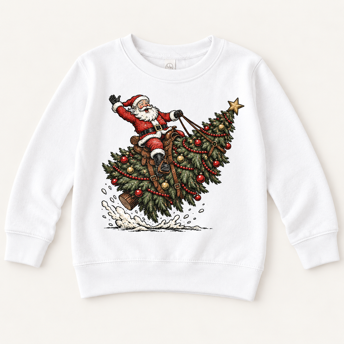Santa riding a decorated Christmas tree on white sweatshirt