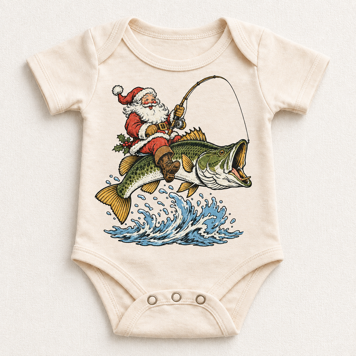Santa riding a bass Christmas graphic on natural bodysuit