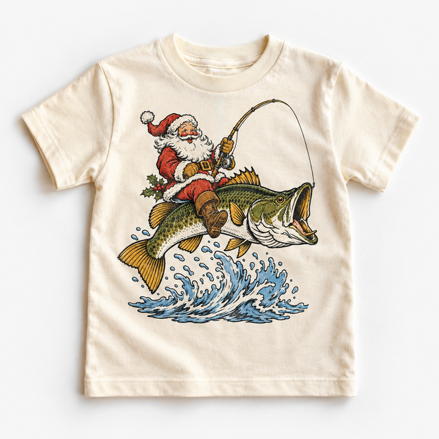 Santa riding a bass Christmas graphic on natural short sleeve T-shirt