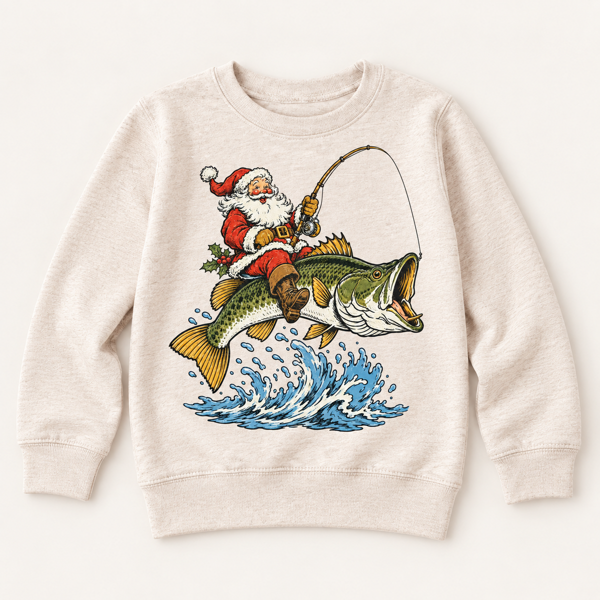 Santa riding a bass Christmas graphic on natural sweatshirt