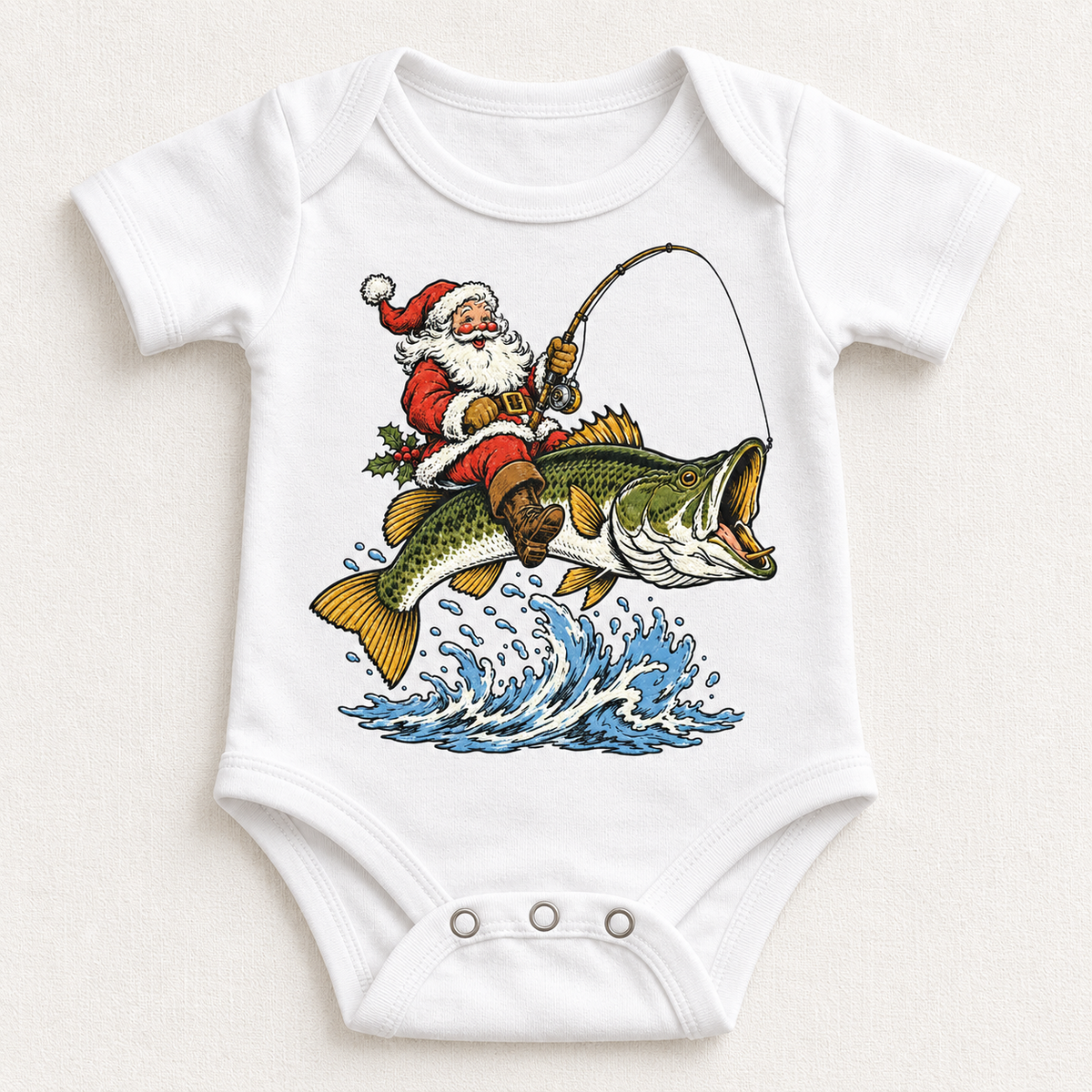 Santa riding a bass Christmas graphic on white bodysuit