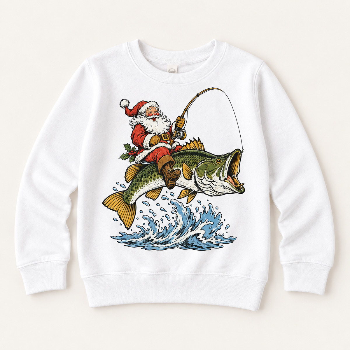 Santa riding a bass Christmas graphic on white sweatshirt
