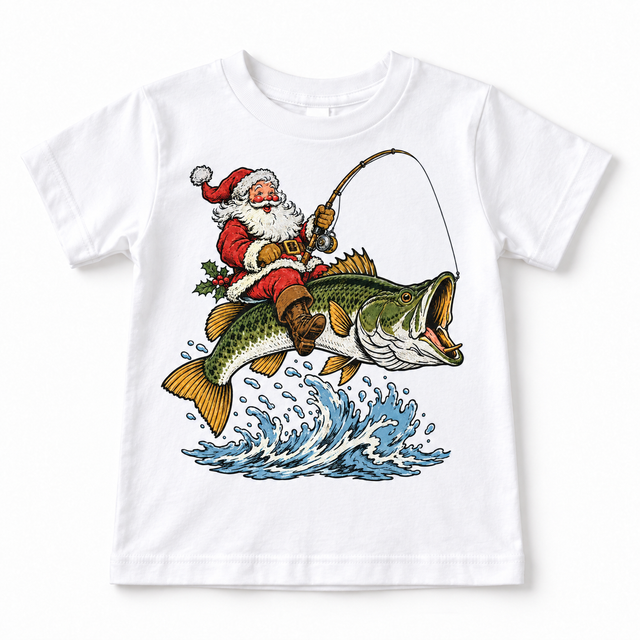 Santa riding a bass Christmas graphic on white tee