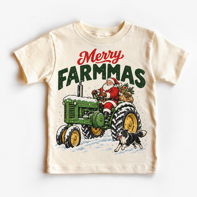 Merry Farmmas natural tee featuring Santa on a green tractor with a farm dog