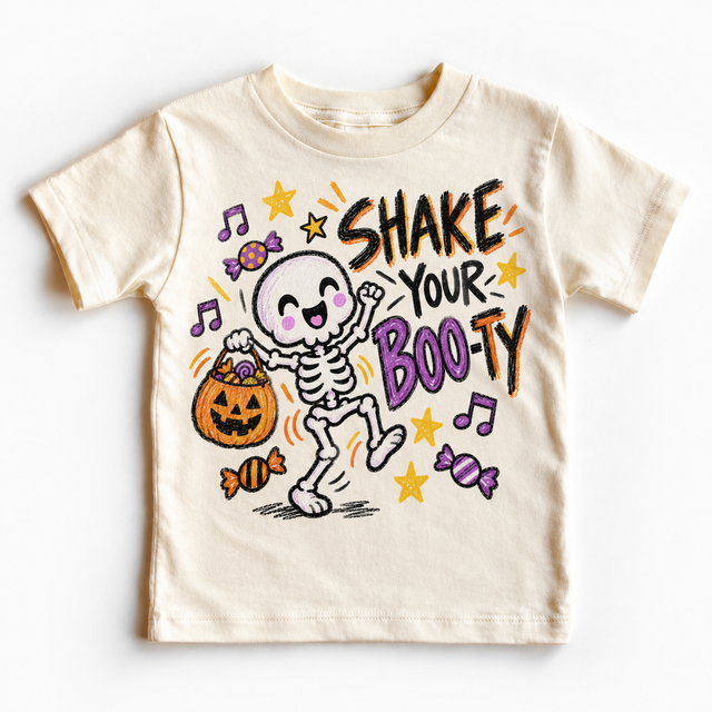 Shake Your Boo-Ty Skeleton Halloween Shirt for Kids natural short sleeve tee