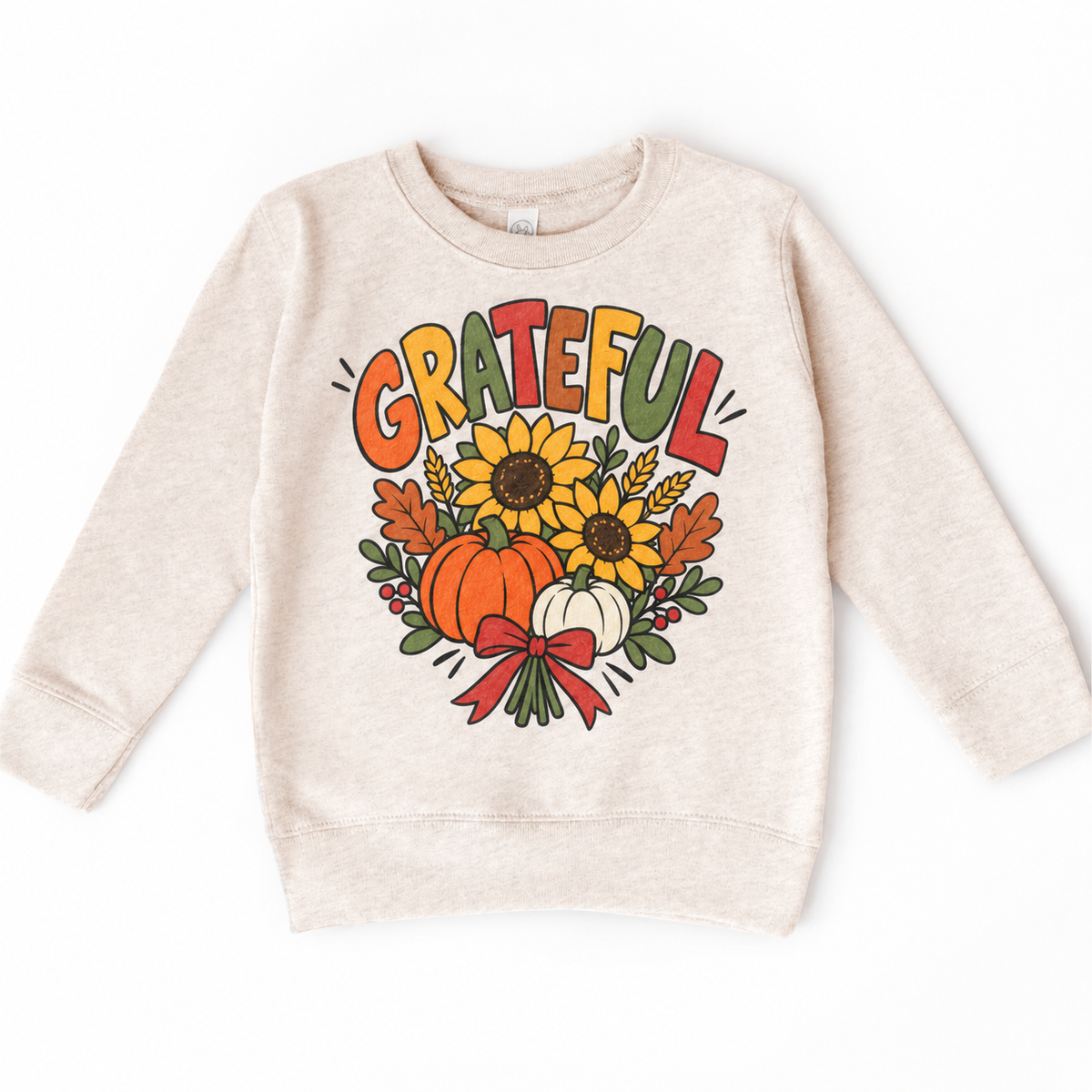 Grateful Sunflower Pumpkin design on a natural sweatshirt