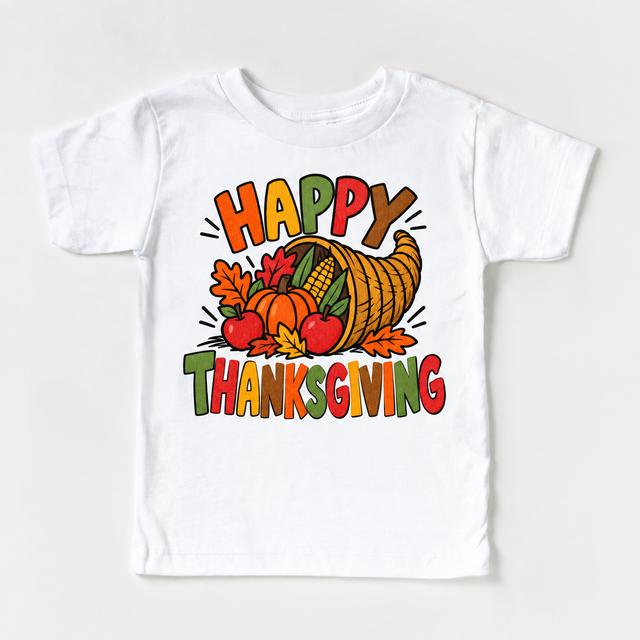 Happy Thanksgiving Cornucopia design on a white tee