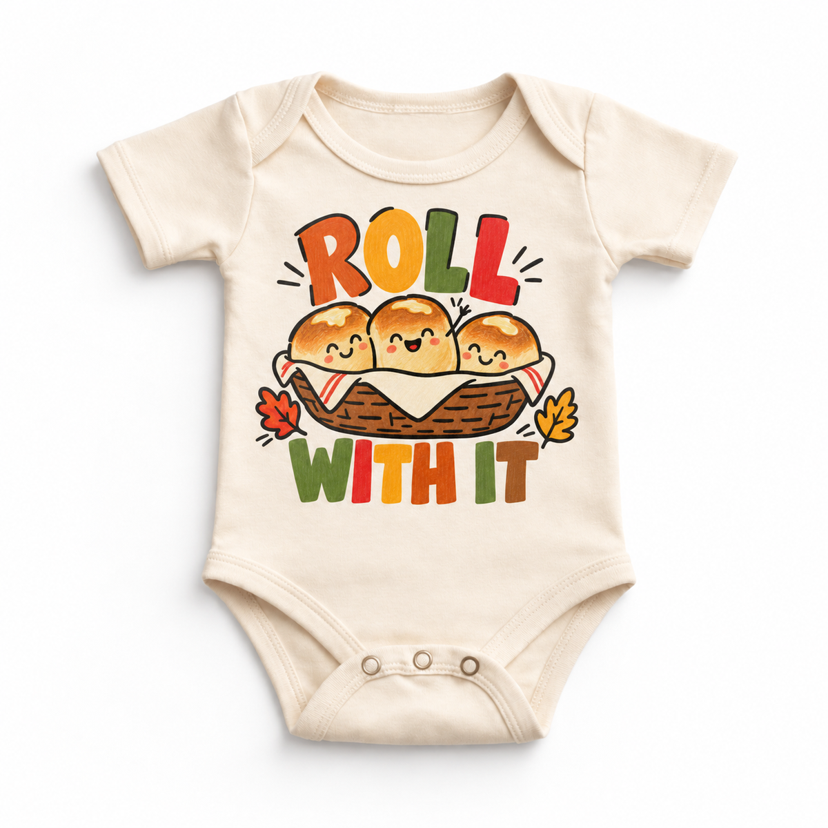 Roll With It Thanksgiving design on a natural bodysuit