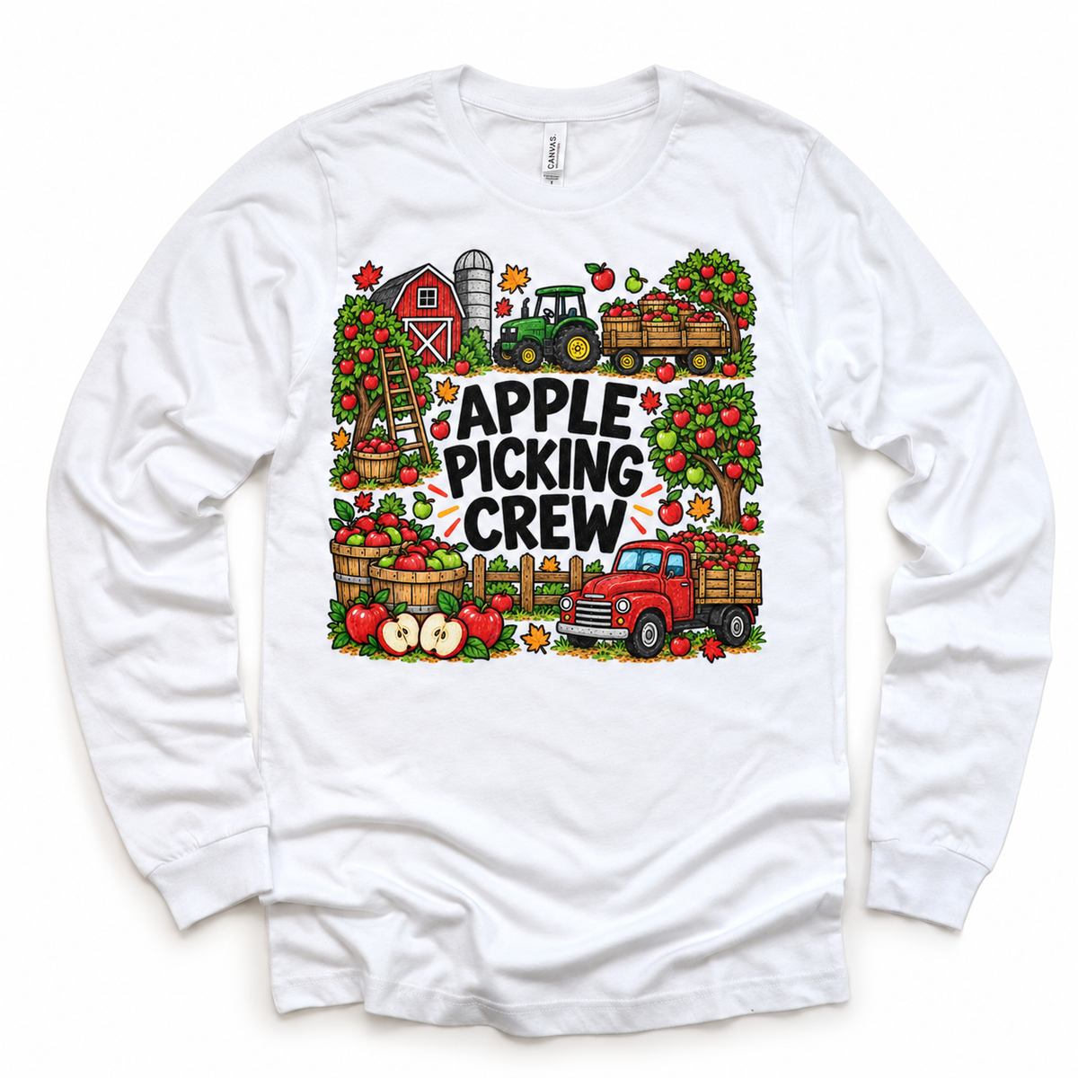 Apple Picking Crew design on a white long sleeve tee