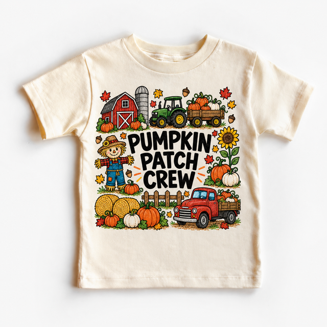 Pumpkin Patch Crew design on a natural tee