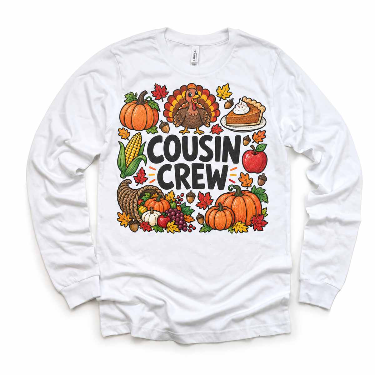 Thanksgiving Cousin Crew design on a white long sleeve tee