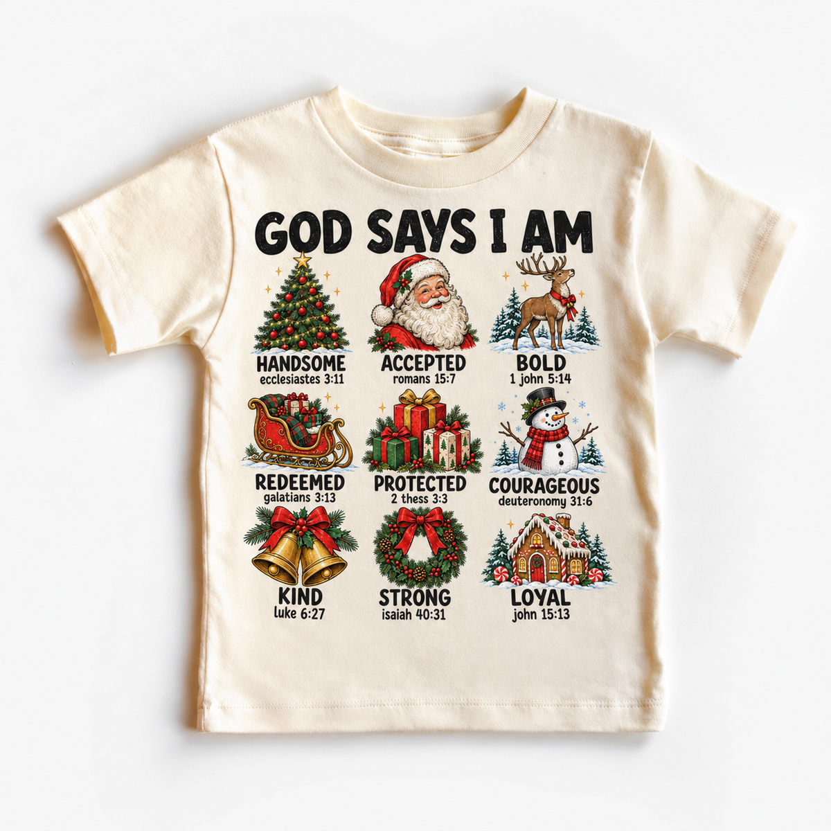 God Says I Am Christmas Kids design on a natural tee