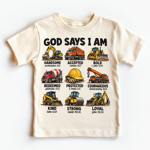 God Says I Am Construction Kids design on a natural tee