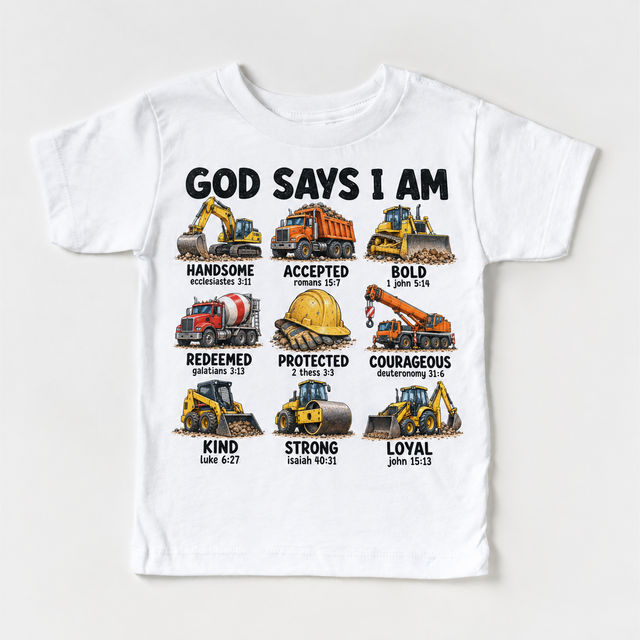 God Says I Am Construction Kids design on a white tee