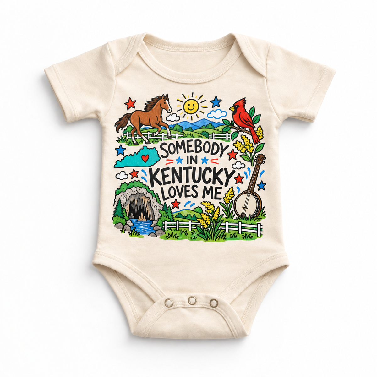 Somebody in Kentucky Loves Me design on a natural bodysuit