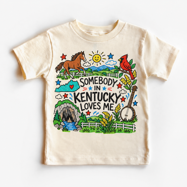 Somebody in Kentucky Loves Me design on a natural tee