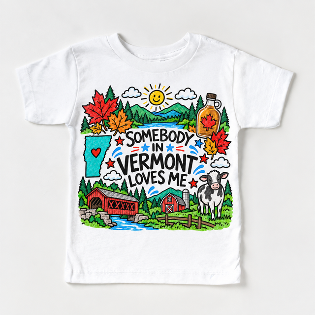 Somebody in Vermont Loves Me design on a white tee