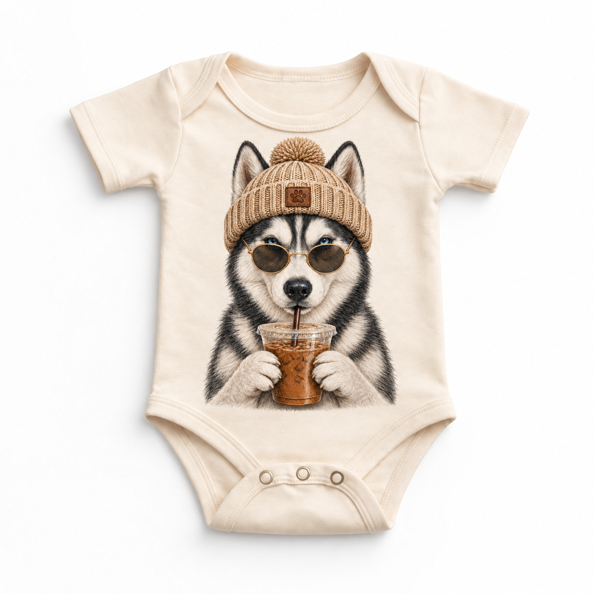 Husky iced coffee design on Natural Baby Bodysuit