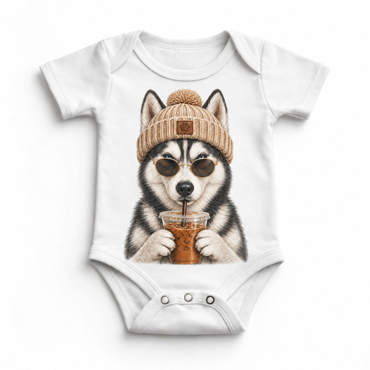Husky iced coffee design on White Baby Bodysuit