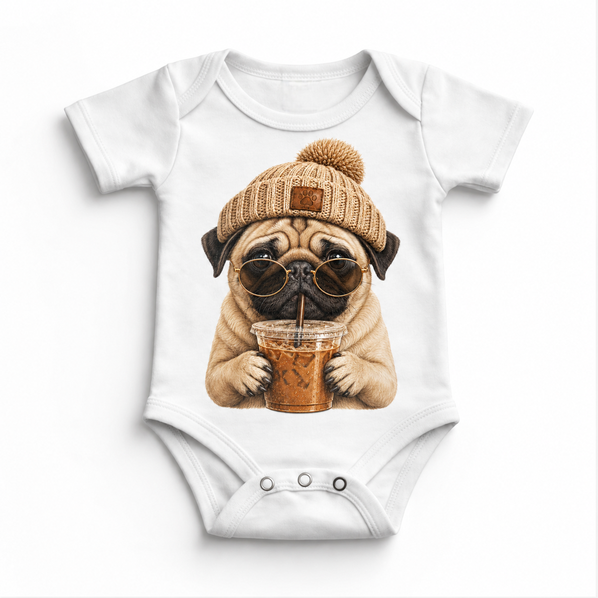 Pug iced coffee design on White Baby Bodysuit