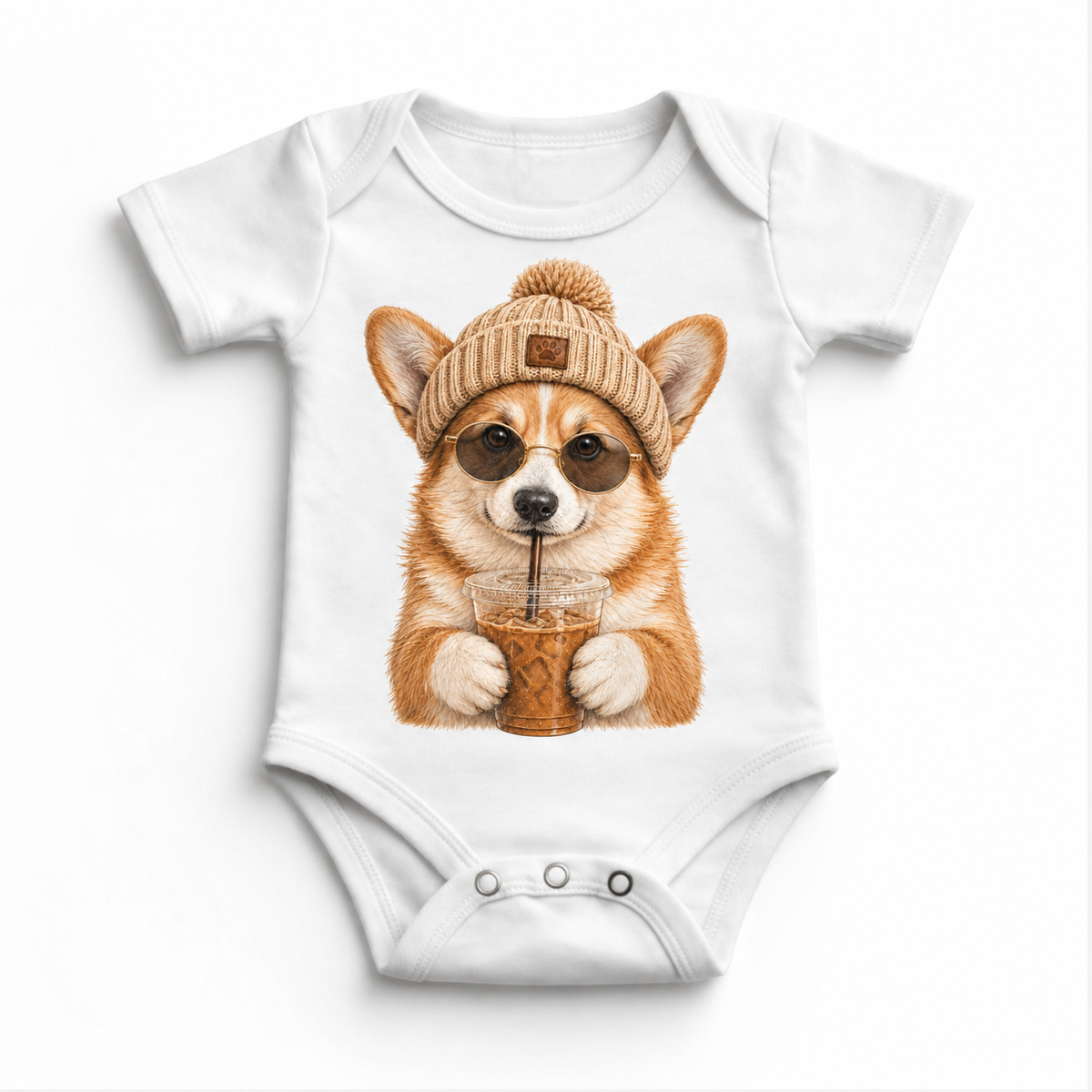 Corgi iced coffee design on White Baby Bodysuit