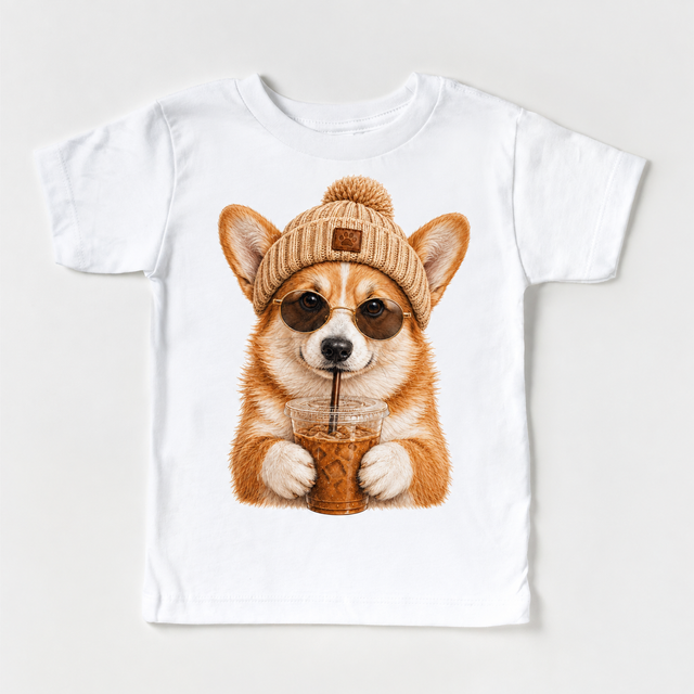 Corgi iced coffee design on White Short Sleeve Tee