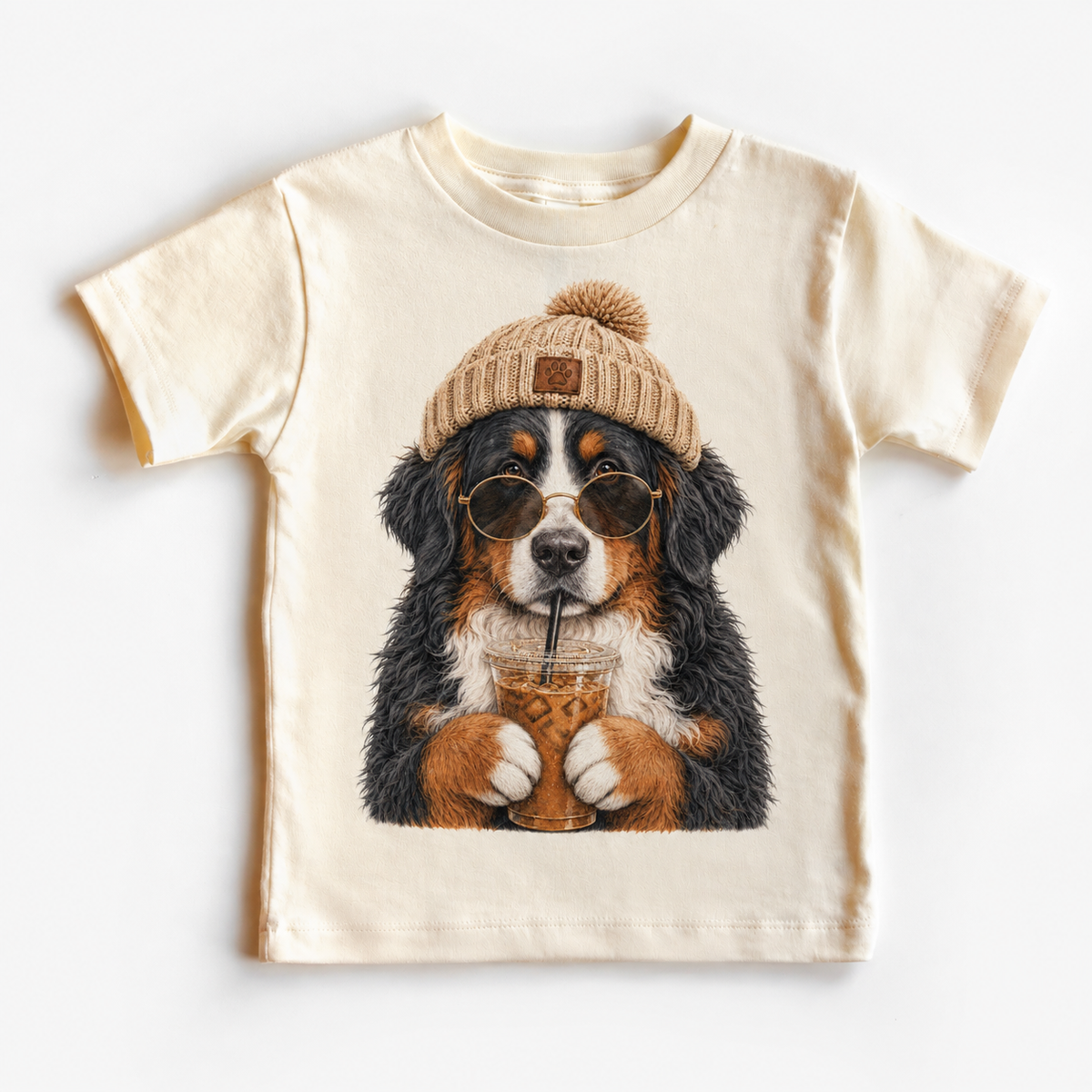 Bernese Mountain Dog iced coffee design on Natural Short Sleeve Tee