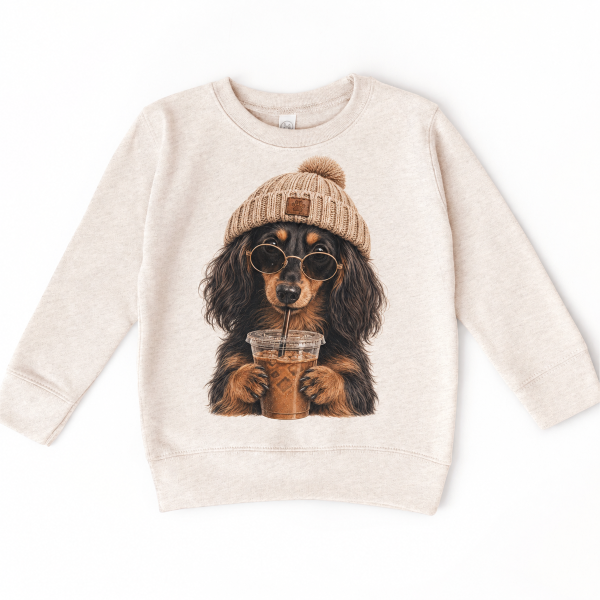 Long Haired Dachshund iced coffee design on Natural Heather Sweatshirt