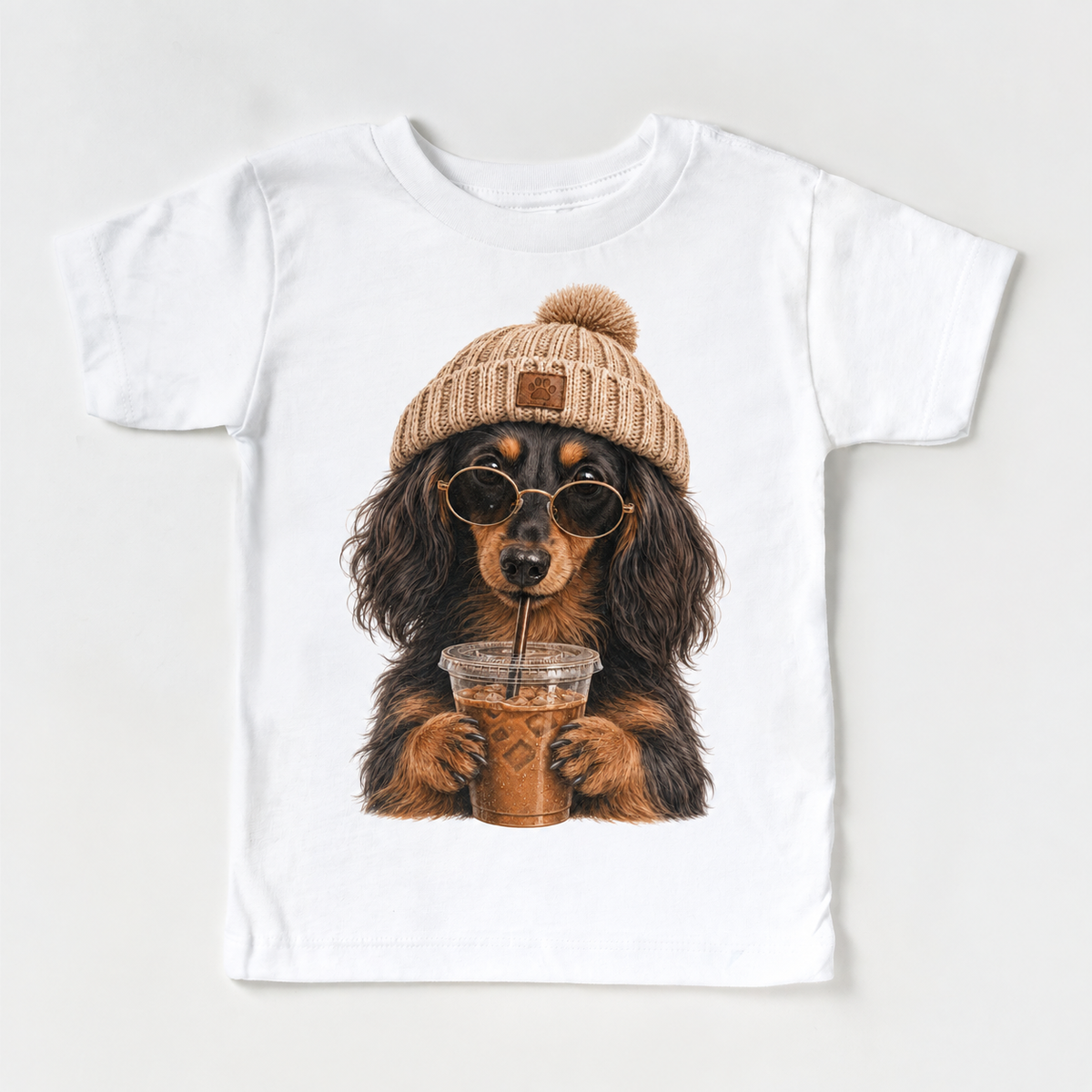 Long Haired Dachshund iced coffee design on White Short Sleeve Tee