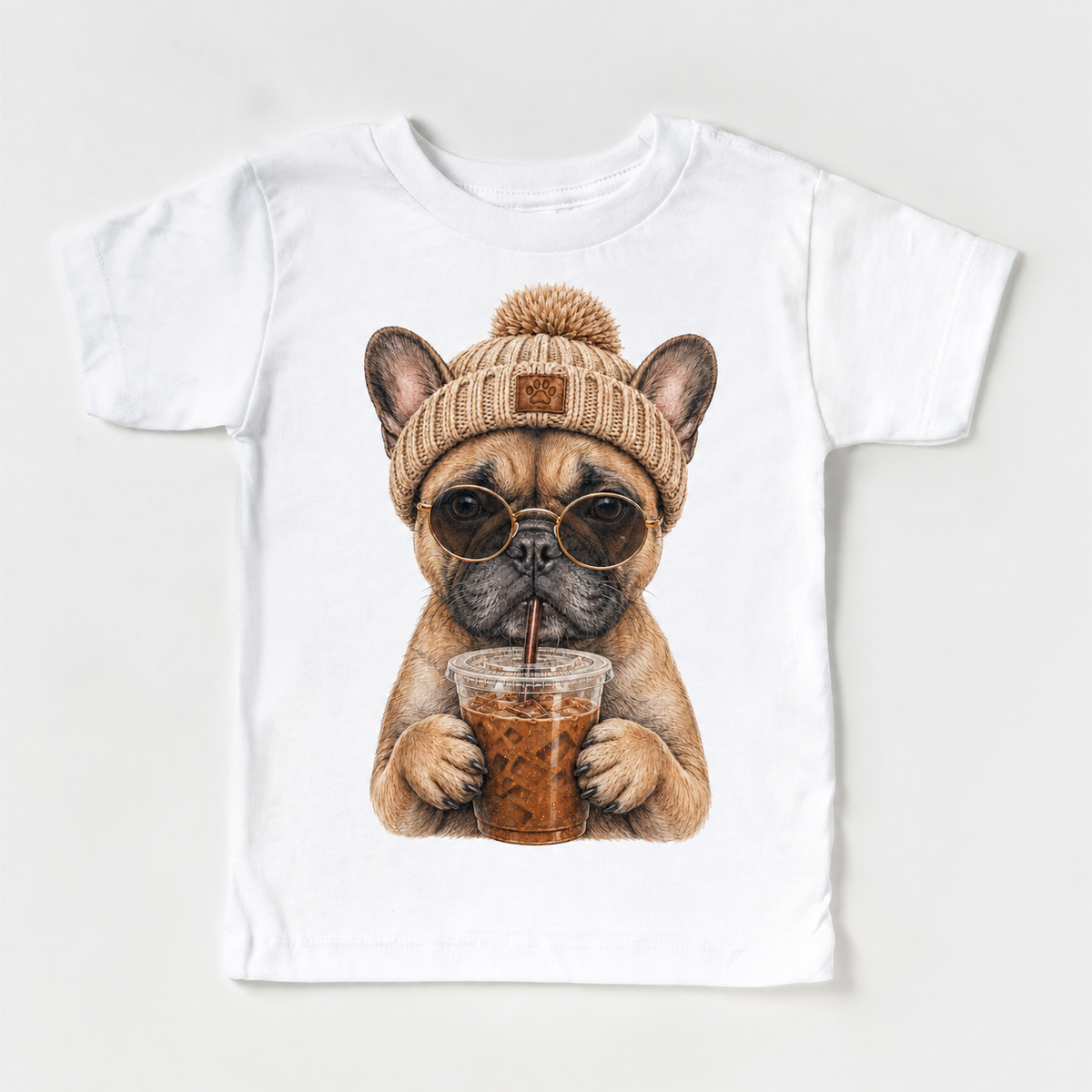 French Bulldog iced coffee design on White Short Sleeve Tee