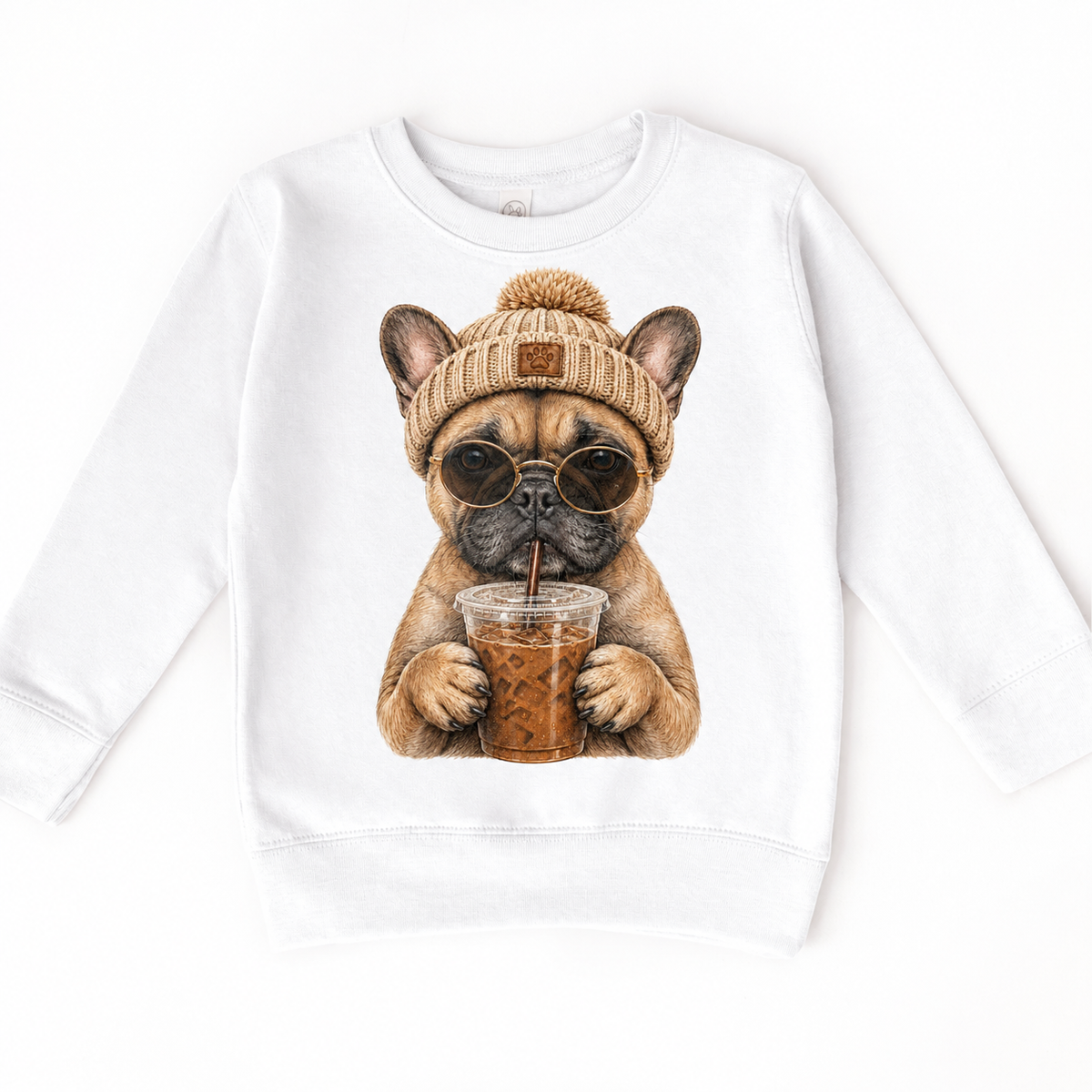 French Bulldog iced coffee design on White Sweatshirt
